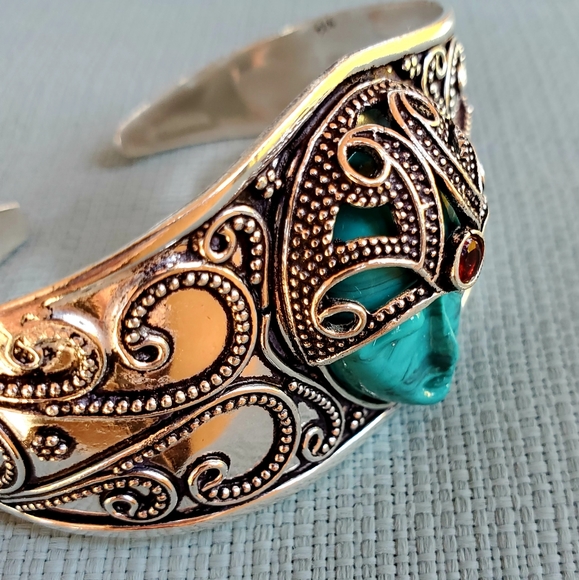 New Carved Goddess Face Garnet 925 Silver Bracelet. - Picture 6 of 12